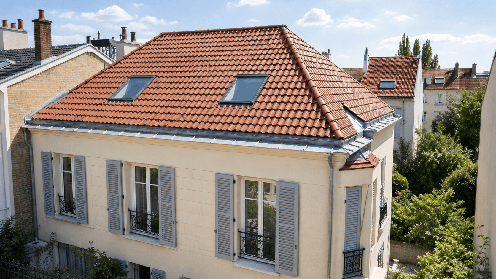 Couverture terminée en tuiles terre cuite avec gouttières zinc et fenêtres de toit
