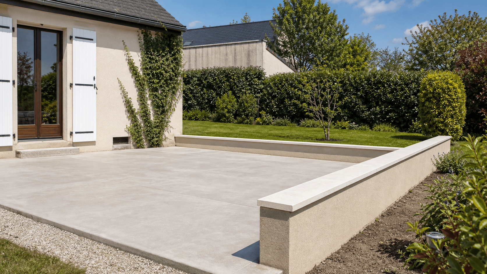 Terrasse béton et muret enduit terminés dans un jardin de maison individuelle