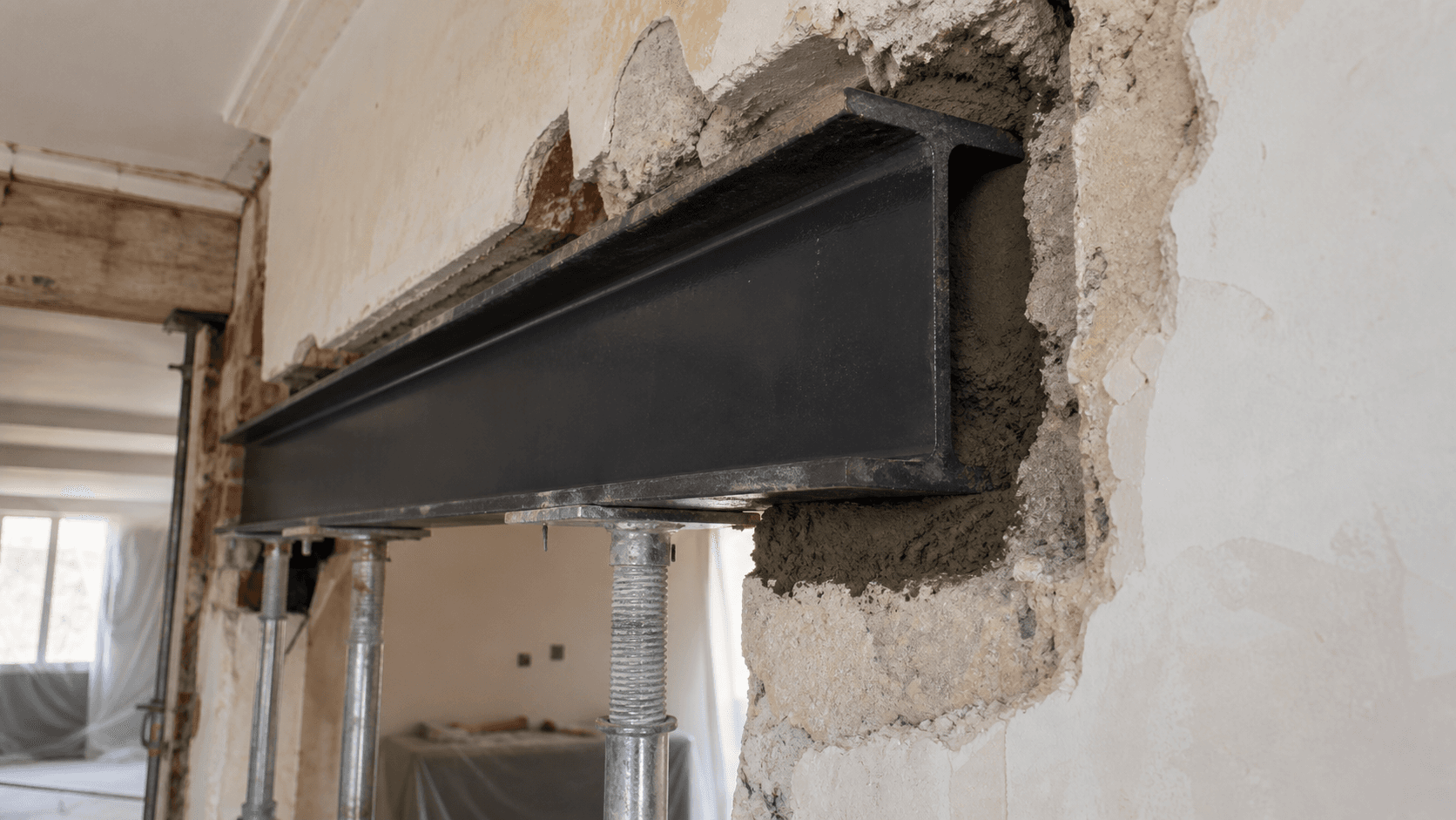 Détail d'une poutre IPN scellée dans un mur porteur avec étais de sécurité et reprises de maçonnerie