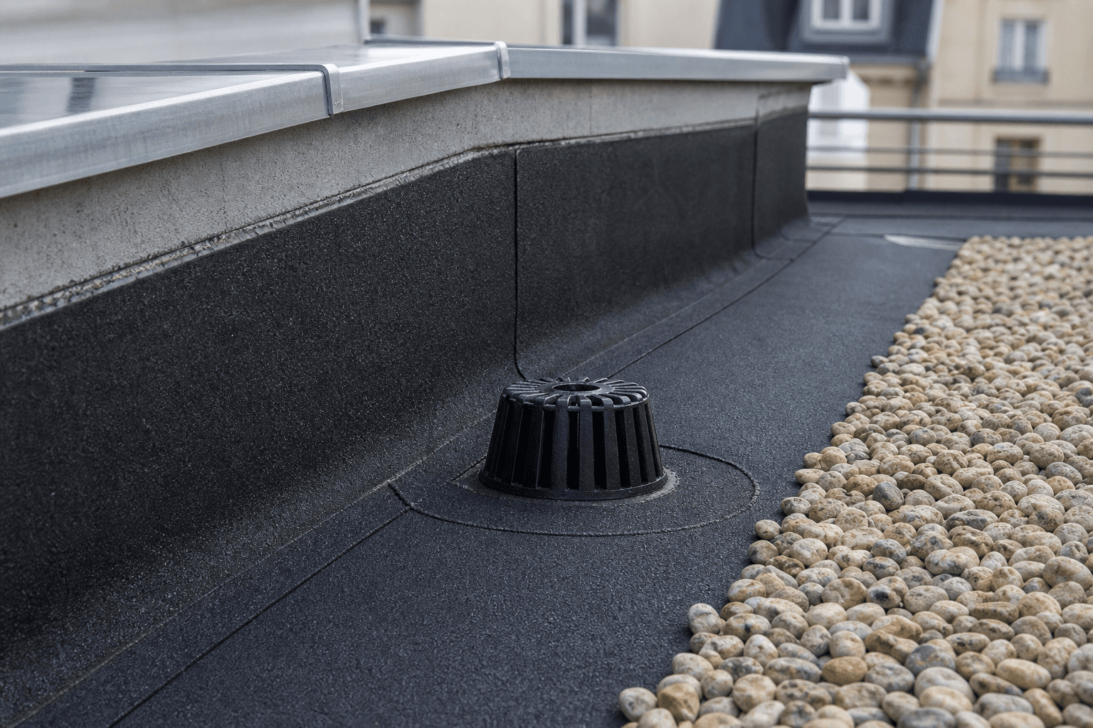 Détail technique des relevés d'étanchéité, soudures de membrane et évacuation pluviale sur toiture-terrasse