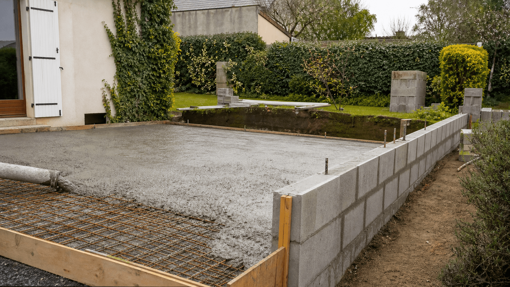 Coulage réaliste d'une dalle béton armé et montage d'un muret de jardin à Rambouillet