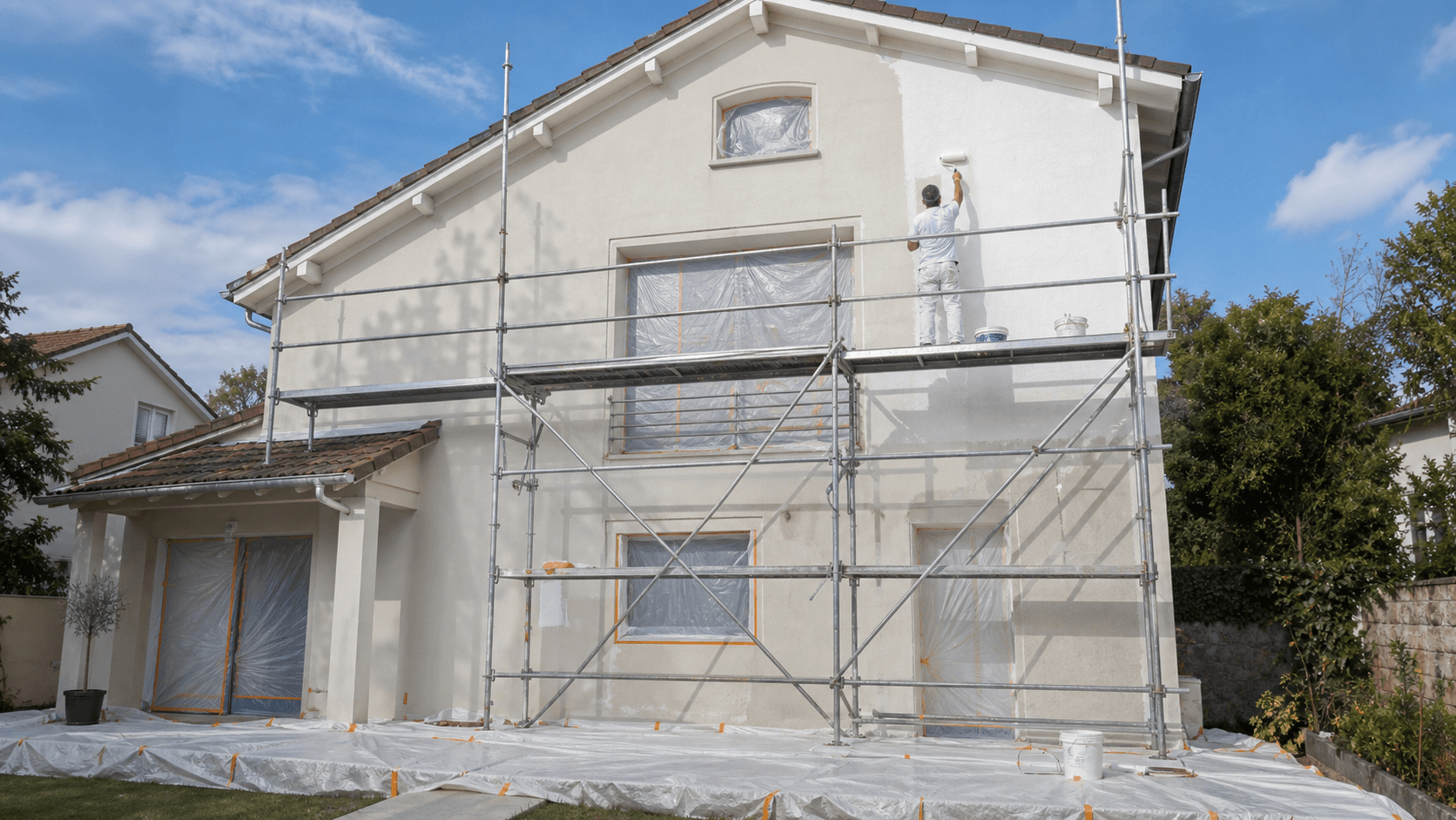 Chantier réaliste de nettoyage et peinture de façade sur pavillon à Saint-Maur-des-Fossés